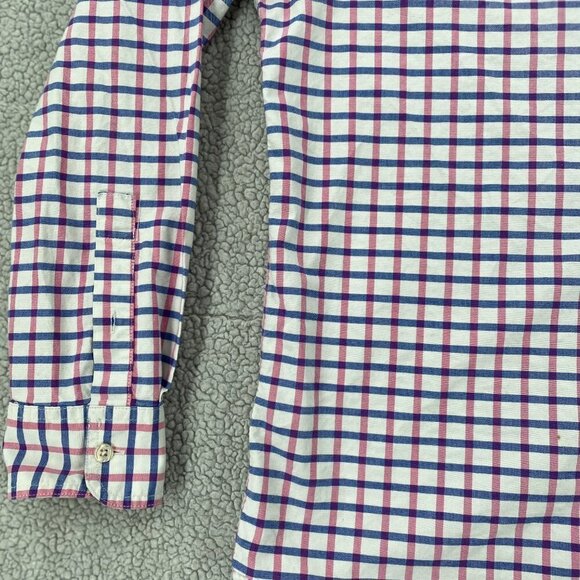 Chaps Shirt Men's Large Dark Pink Blue Plaid Long Sleeve Stretch Oxford Office - Picture 4 of 11